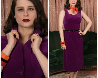 1950s Set - Lusciously Saturated Vintage 50s Plum Purple Velveteen Dress Set with Tailored Jacket