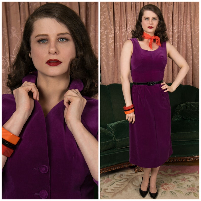 1950s Set Lusciously Saturated Vintage 50s Plum Purple Velveteen Dress Set with Tailored Jacket image 1