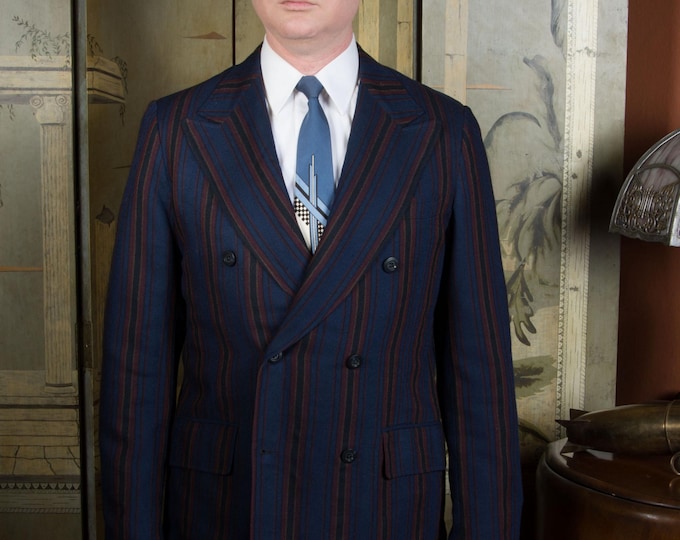 Vintage 1960s Does 1940s Bold Boating Stripe Tailored Peaked Lapel Suit Jacket Sportcoat Blazer Size 39 40