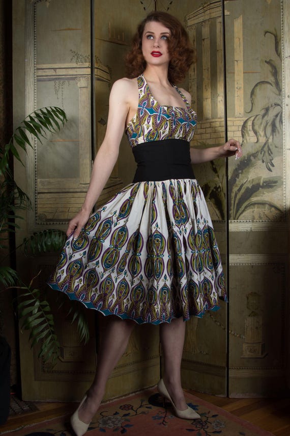 1950s Dress - Killer Alfred Shaheen Halter Dress with MCM Print and Black Midwaist