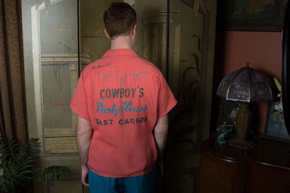 Killer Vintage 1950s Men's Rayon Bowling Shirt from Cowboy's Party House Chain Stitched Rockabilly Rare