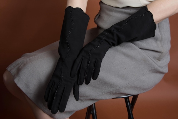 1940s Gloves - Size 6 1/2 - Elegant Vintage 40s Long Rayon Gloves with Beading that Runs Finger to Hem