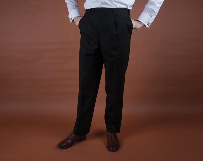 Vintage 1950s Style 1980s/90s Reproduction Black Gabardine Drop Loop Slacks Pants Pleat Front No Cuffs
