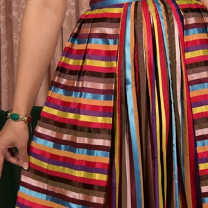 1950s Skirt Vintage 50s Lush Rainbow Striped Pleated Skirt with Wide Waistband image 5