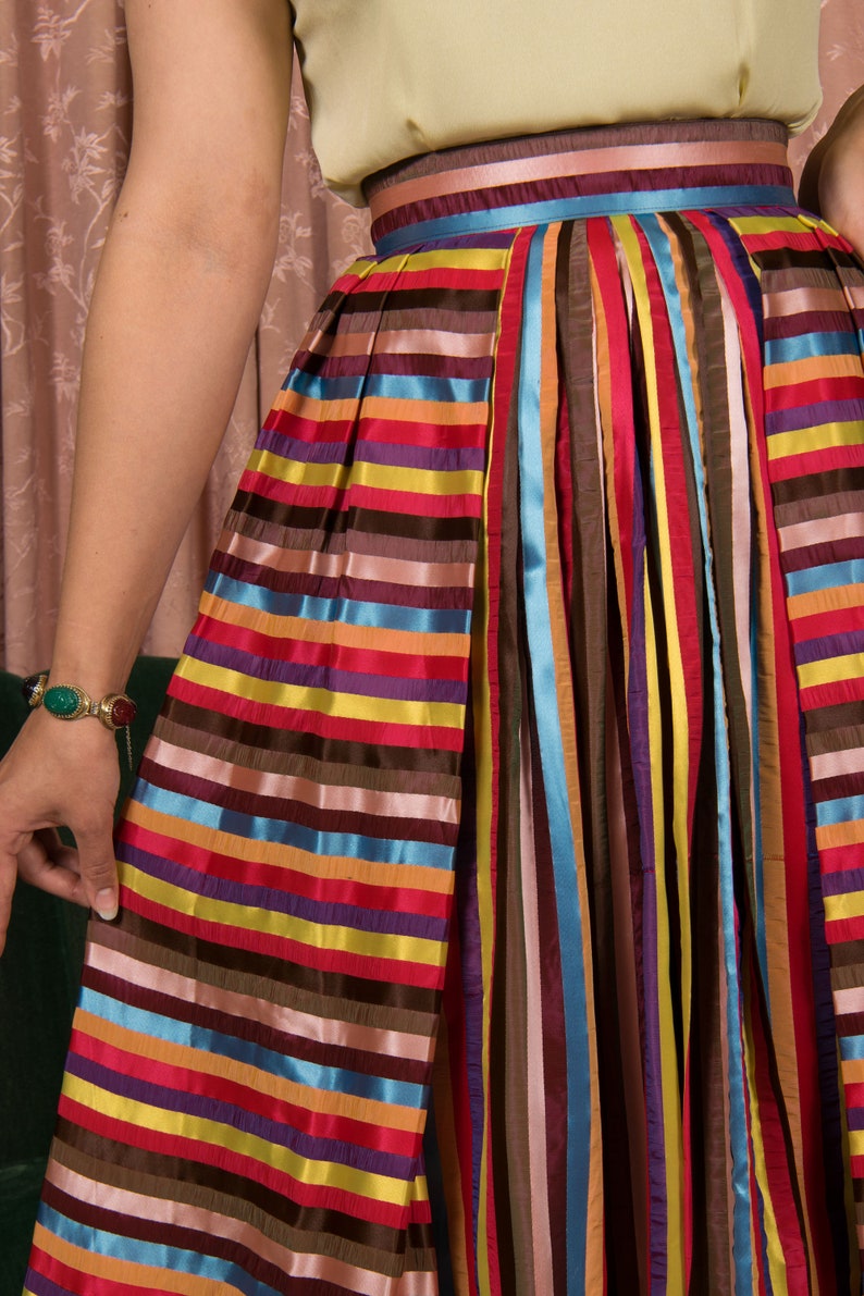 1950s Skirt Vintage 50s Lush Rainbow Striped Pleated Skirt with Wide Waistband image 5