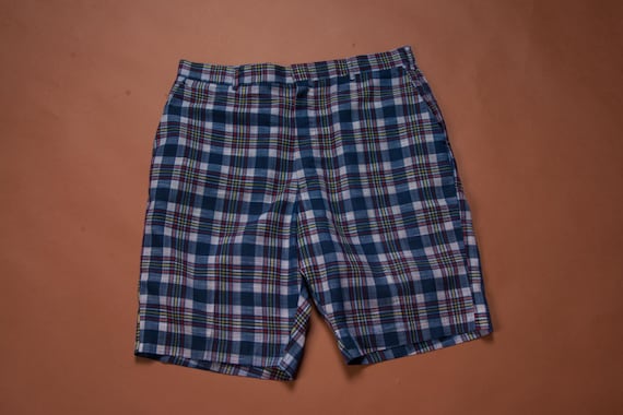Vintage 1960s Classic Camp Shorts in Blue Madras Plaid