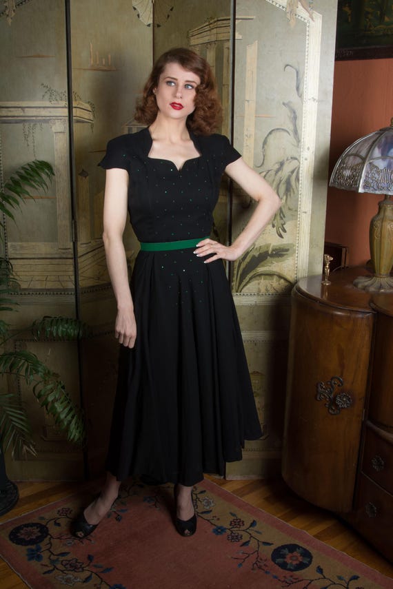 1940s Dress - Gorgeous Late 40s Early 50s  Doris Dodson Cocktail Dress in Black Rayon with Glittering Green Rhinestones