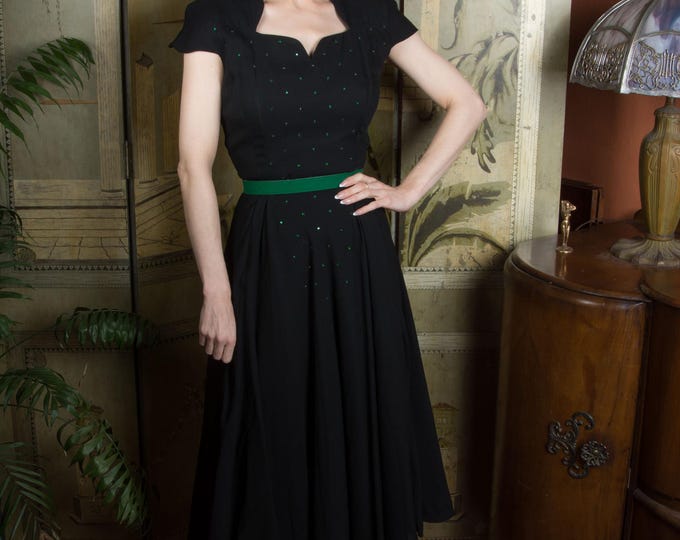 1940s Dress - Gorgeous Late 40s Early 50s  Doris Dodson Cocktail Dress in Black Rayon with Glittering Green Rhinestones