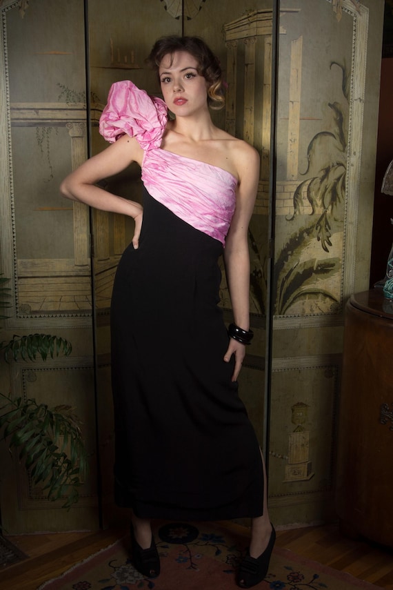 1980s Dress - Vintage 80s VICTOR COSTA Dramatic One Shoulder Dress with Pink Silk Shantung over Black