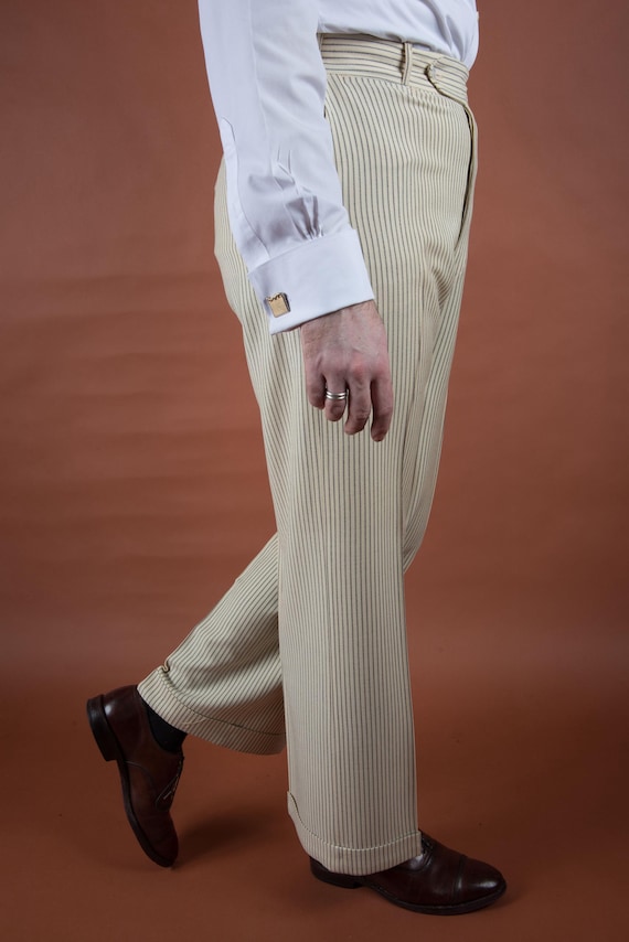 Vintage 1920s 30s Woven Wool Button Fly Striped Summer Pants in Ivory with Black Pinstripe and Adjustable Side Buckles