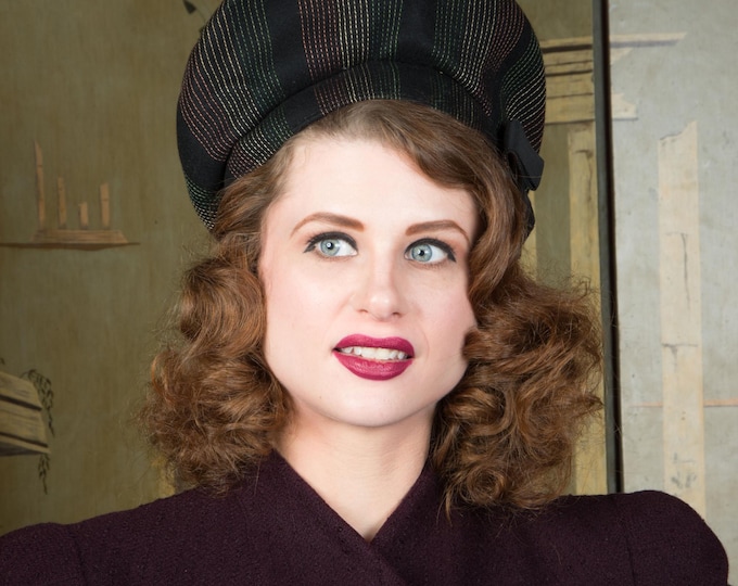 1940s Hat - Striking Navy Blue Wool Vintage 40s Halo Style Tam Navy Blue with Three Colors of Top Stitching