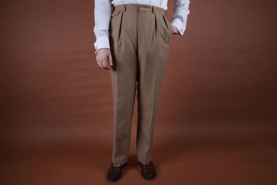 Vintage 1990s Polo Ralph Lauren Classic Wool Trousers 1940s Style Pants in Mocha Tan