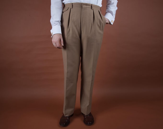 Vintage 1990s Polo Ralph Lauren Classic Wool Trousers 1940s Style Pants in Mocha Tan