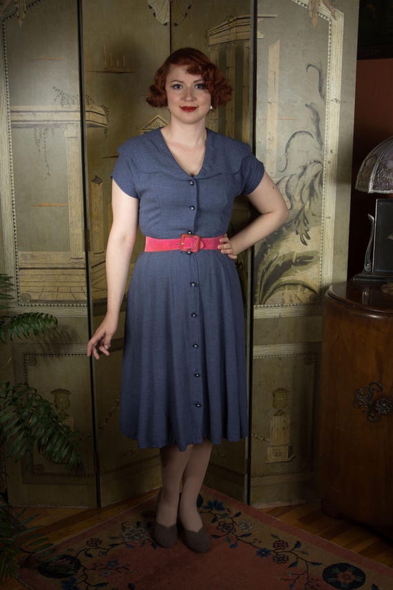 1940s Dress - Super Soft Vintage Late 40s Day Dress of Heathered Blue Rayon Gabardine with Wide Collar