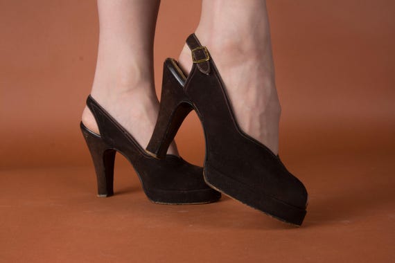 1940s Shoes - Size 6 B - Gorgeous Vintage 40s Platform Shoes in Rich Brown Suede with Peeptoe and Ankle Strap