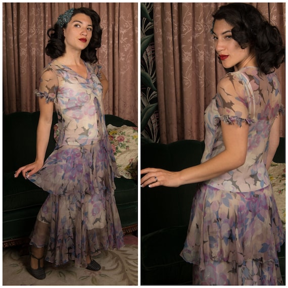 1930s Dress - Floating Summer Floral Print Sheer Silk Chiffon Bias Cut 30s Gown in Cool Purple Palette