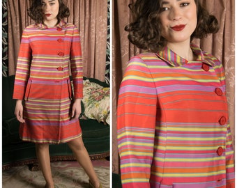 1960s Coat - Boldly Striped Vintage 60s Mod Coat in Bubble Gum Pink, Purple, Turquoise and Yellow