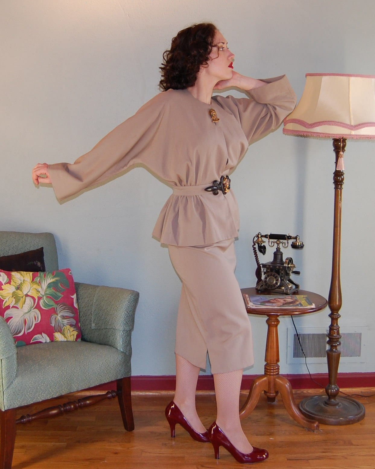 On Sale... Lilli Ann Vintage 40S 50S Unique Gabardine New Look Suit With Fleur Di Lis & Cameos