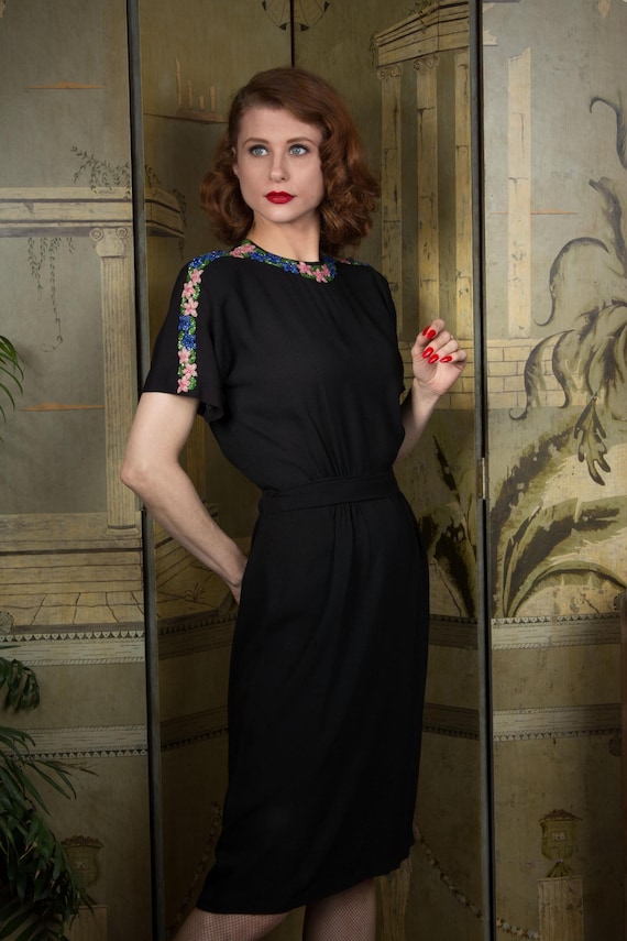 1940s Dress - Black Rayon Crepe Vintage 40s Dress with Spectacular Floral Beaded Trim