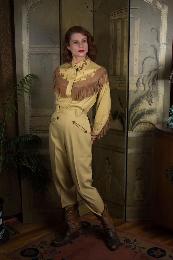 1940s Western Suit- Rare 40s Two Piece Women's Western Wear Ensemble with Leather Fringed Blouse and Matching Pants