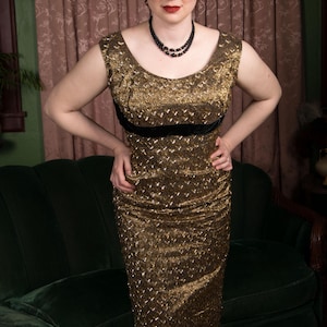 1950s Dress - Bombshell Gold and Black Lurex 50s Wiggle Cocktail Dress with Gold Bugle Beads and Bright Sequins