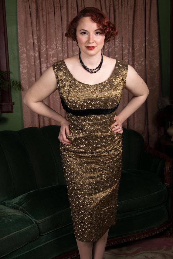 1950s Dress - Bombshell Gold and Black Lurex 50s Wiggle Cocktail Dress with Gold Bugle Beads and Bright Sequins