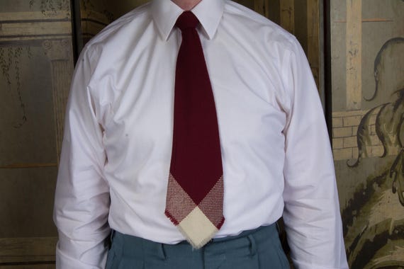 Vintage 1940s Woven Wool Blend Striped Tie with in Burgundy and White Plaid Chevron