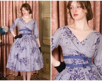 TAG SALE 1950s Dress - Stunning Vintage 50s Fit and Flare Floral Dress in Lavender Blue Purple with Defined Midwaist