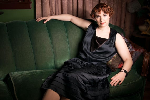 1920s Dress - Vintage 20s Glossy Navy Blue Silk Satin with Deep V Neckline and Pleated Skirt