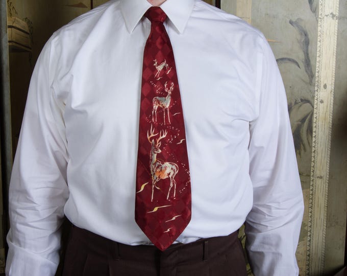 Vintage 1940s Handpainted Brocade Tie in Burgundy Checkerboard with Stag Motif