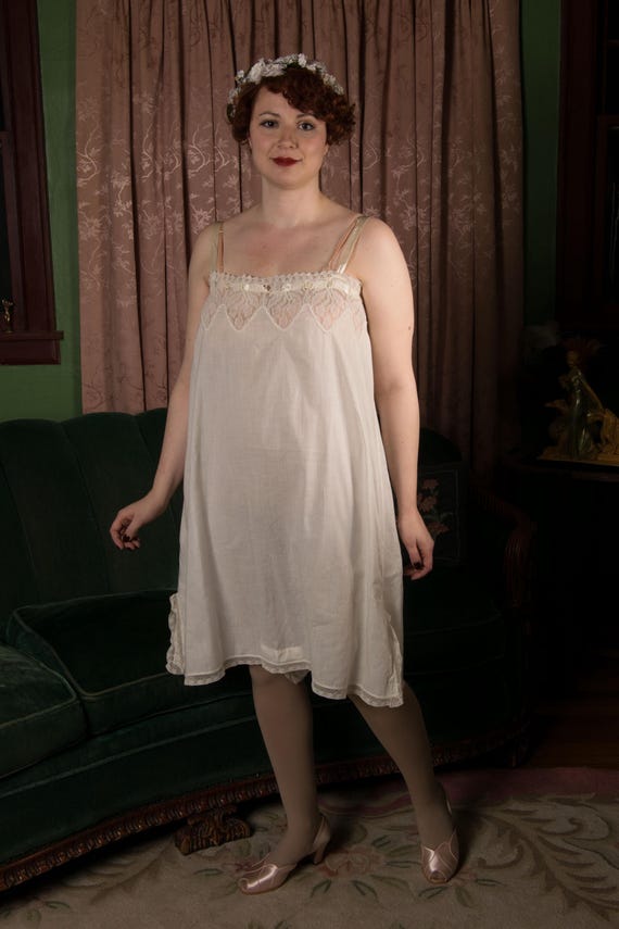 1910s Chemise - Darling Vintage Edwardian 1910s One Piece Cotton Step In Lingerie with Embroidery