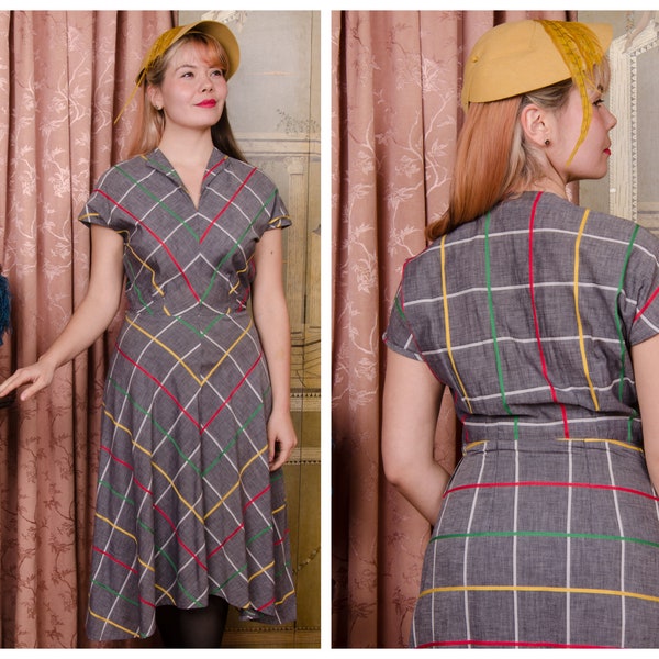 1950s Dress - Cheery Vintage 50s Homemade Cotton Plaid Day Dress in Vibrant Holiday Color on Grey