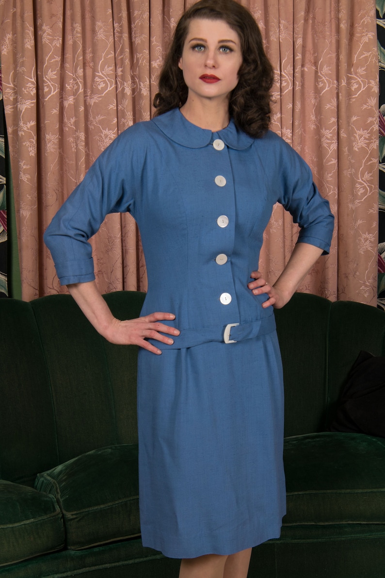 1950s Dress Set Smart 50s Day Dress Ensemble in Blue Linen with Matching Tailored Jacket with Shell Buttons and Buckle image 2