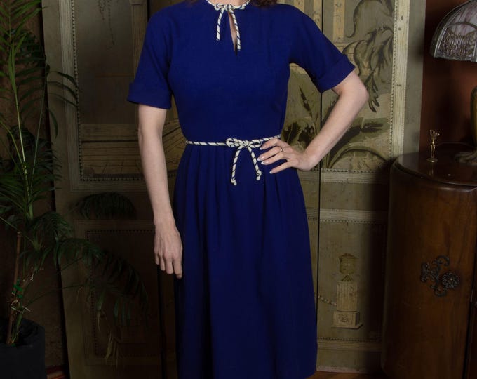 1950s Dress - Classic Vintage 50s Wool Day Dress in Royal Blue with Striped Piping Trim by Mary Muffet