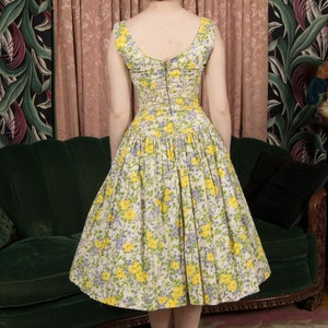 1950s Dress Painterly Vintage 50s Cotton Floral Sundress with Dropped Basque Waist in White, Periwinkle, Olive and Sunny Yellow image 8