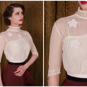 Edwardian Blouse Antique 1910s Titanic Era Ivory Cotton Net Bodice Blouse with Pintucks and Appliqued Leaves image 1