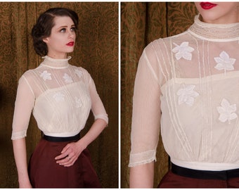 Edwardian Blouse - Antique 1910s Titanic Era Ivory Cotton Net Bodice Blouse with Pintucks and Appliqued Leaves