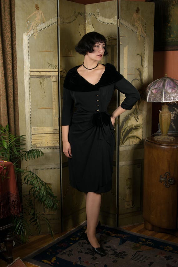 1940s Dress -  Devastating Vintage Late 40s Wrap Style Cocktail Dress in Black Rayon with Portrait Collar