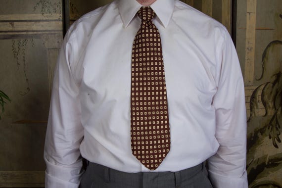 Vintage 1940s Brown Geometric Print Tie in Rayon "Appleskin Twill" by Hut