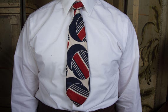 Vintage 1940s BOLD Satin Brocade Wide Tie in Crisp White, Red and Navy