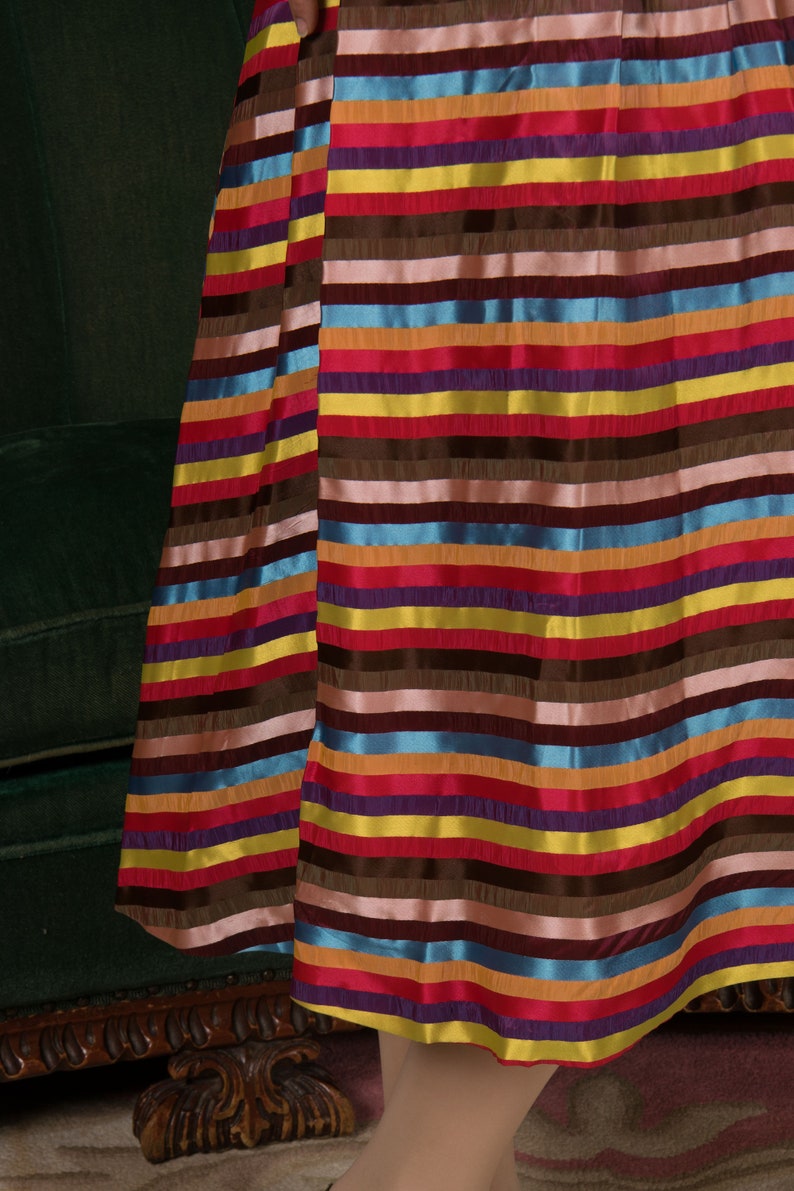 1950s Skirt Vintage 50s Lush Rainbow Striped Pleated Skirt with Wide Waistband image 8