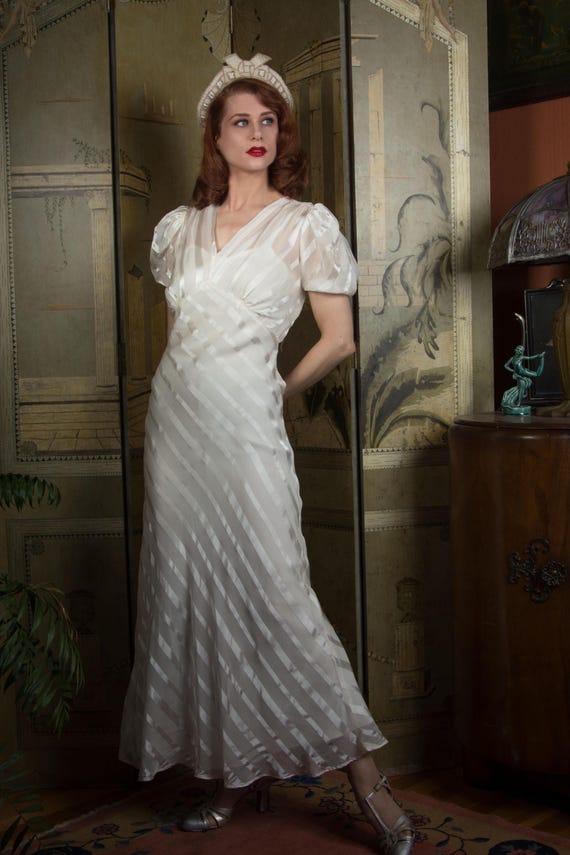 Exquisite Vintage 1930s Dress of White Satin and Sheer Stripes Bias Cut Puff Sleeve Wedding Gown