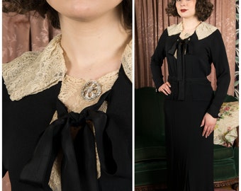 1930s Dress - Elegant Rayon Crepe 30s NRA Deco Day Dress with Limerick Lace Collar and Long Bow Ties - Registered Design FOGA