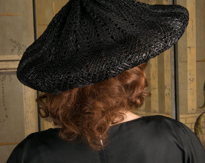 1960s Hat - Mr. Arnold Vogue Worthy Custom Made Designer 60s Mushroom Shaped Hat of Black Woven Straw Lace and Mesh