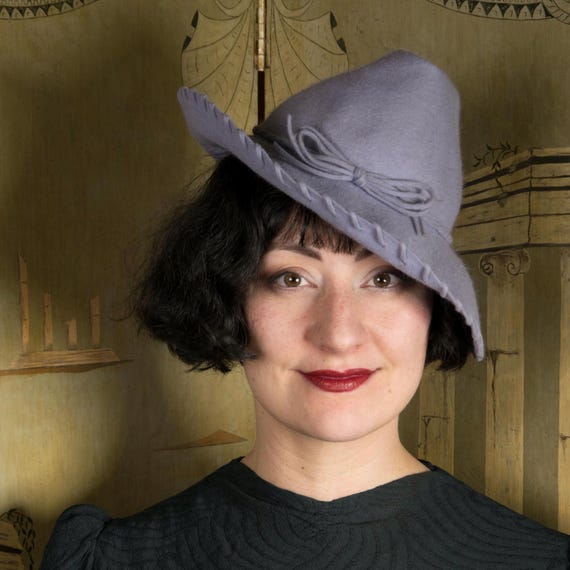 1930s Hat - Rare Vintage 1938 Periwinkle Fur Felt "Kitten Fluff" Fedora with Fantastic Brim Treatment and Jaunty Crown