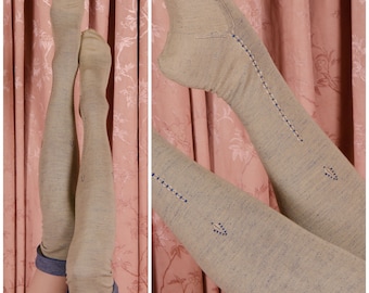 1910s Stockings - Rare Vintage 1910s Heavy Silk Fully Fashioned Stockings with Accent Arrows in Taupe and Blue