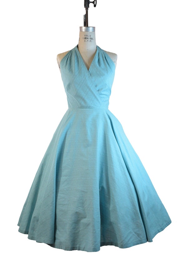 Vintage 1950s Sundress - Aqua Colored 50s Cotton H