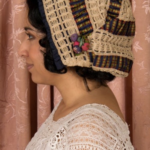 Antique Cap Gorgeous Antique Victorian Silk Cap in Tartan Plaid, Cordé Lace and Navy Silk with Silk Covered Berries Detail image 7