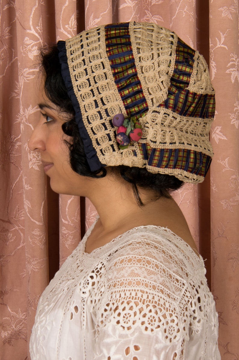 Antique Cap Gorgeous Antique Victorian Silk Cap in Tartan Plaid, Cordé Lace and Navy Silk with Silk Covered Berries Detail image 7