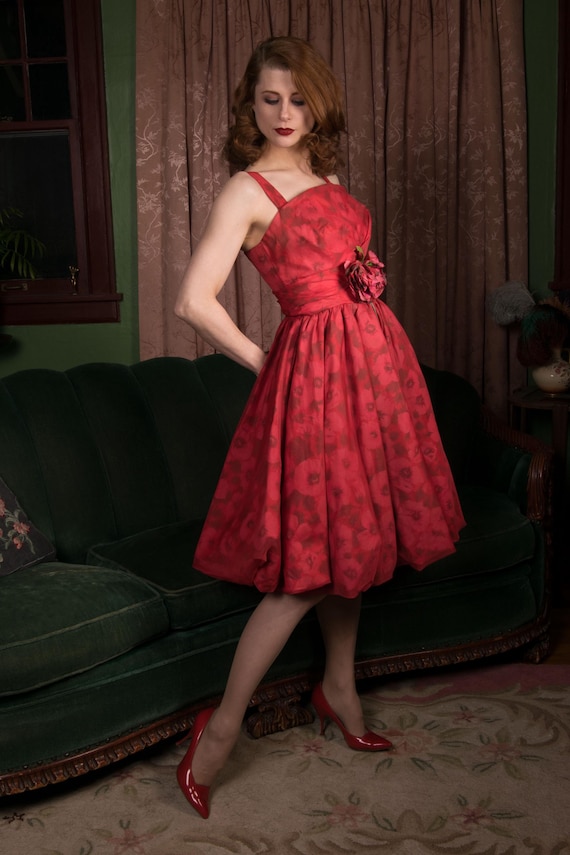 1950s Dress - Dramatic Layered Chiffon and Red Rose Print 50s Party Dress with Bubble Hem